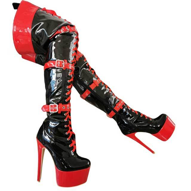 Leather Buckle Strap Lace-Up High Heeled Boots