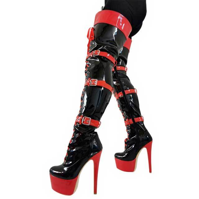 Leather Buckle Strap Lace-Up High Heeled Boots