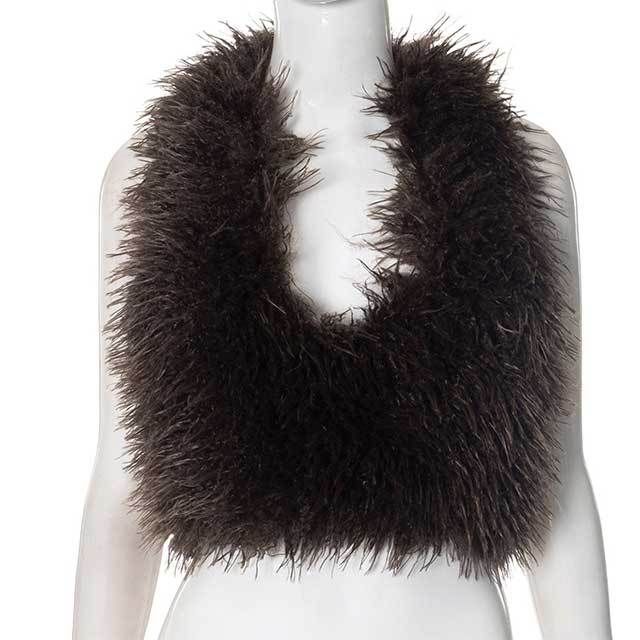 Furry Halter Neck Cropped Top