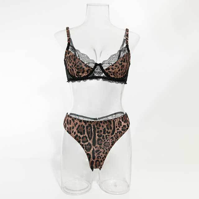 Lace Trim Leopard Print Push-up Bra Set