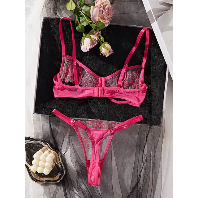 Hollow Out Rose Embroidery Lingerie Bra Set