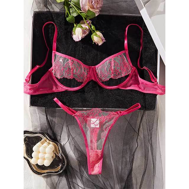 Hollow Out Rose Embroidery Lingerie Bra Set