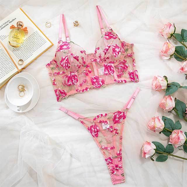 Transparent Mesh Pink Flower Embroidery Lingerie Bra Set
