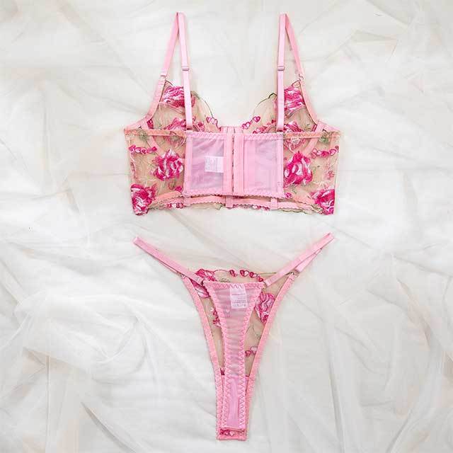 Transparent Mesh Pink Flower Embroidery Lingerie Bra Set