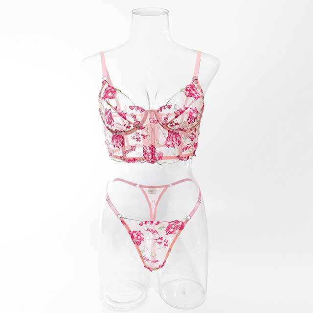 Transparent Mesh Pink Flower Embroidery Lingerie Bra Set