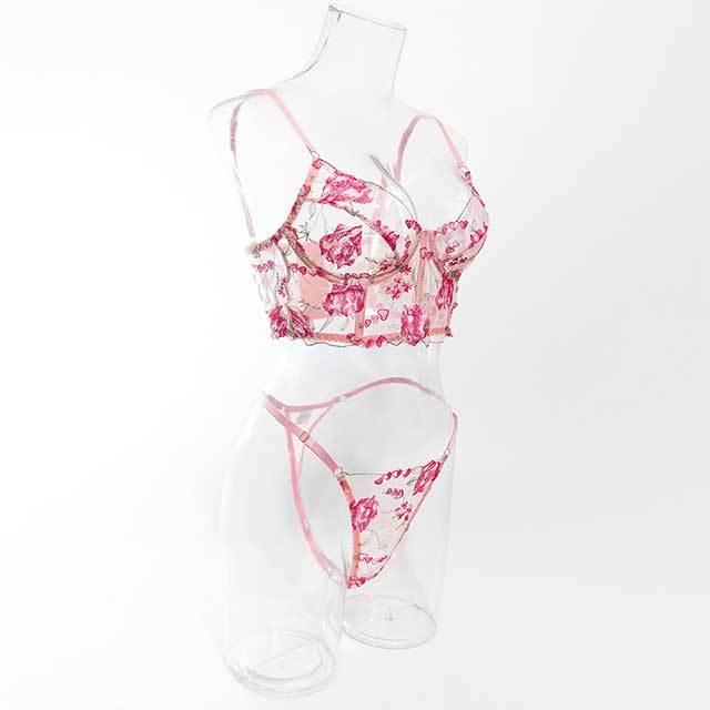Transparent Mesh Pink Flower Embroidery Lingerie Bra Set