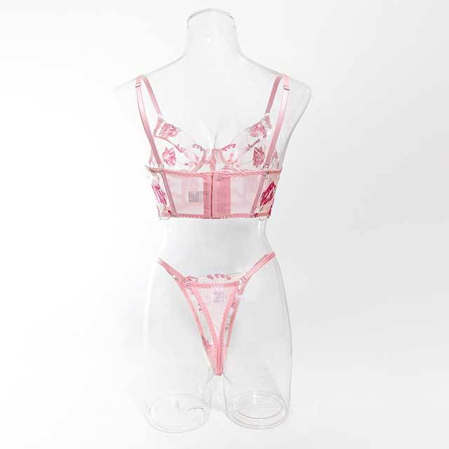 Transparent Mesh Pink Flower Embroidery Lingerie Bra Set