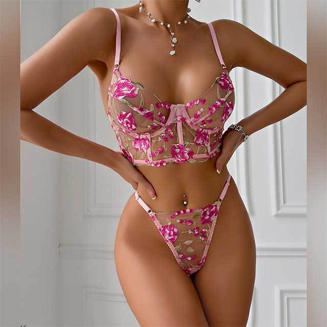 Transparent Mesh Pink Flower Embroidery Lingerie Bra Set