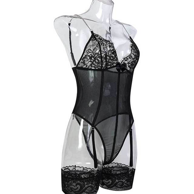 Deep V Neck See Through Lingerie Teddy with Stockings