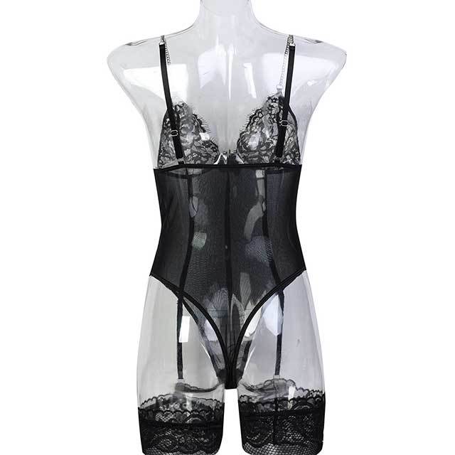 Deep V Neck See Through Lingerie Teddy with Stockings