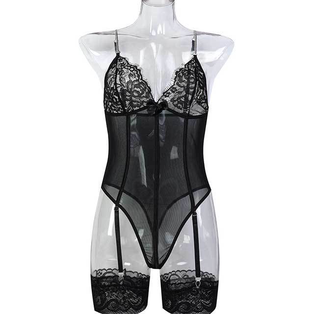 Deep V Neck See Through Lingerie Teddy with Stockings