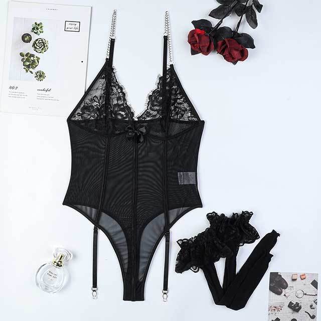 Deep V Neck See Through Lingerie Teddy with Stockings