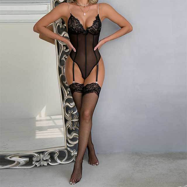Deep V Neck See Through Lingerie Teddy with Stockings