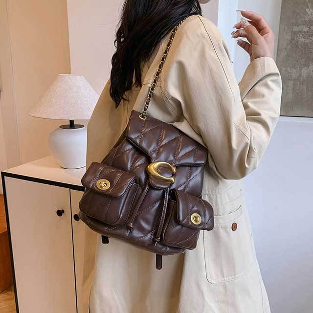 Metal Logo Leather Women Backpack