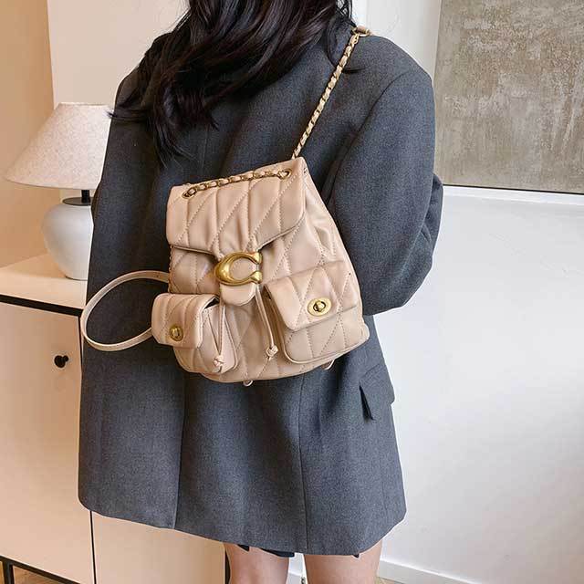 Metal Logo Leather Women Backpack