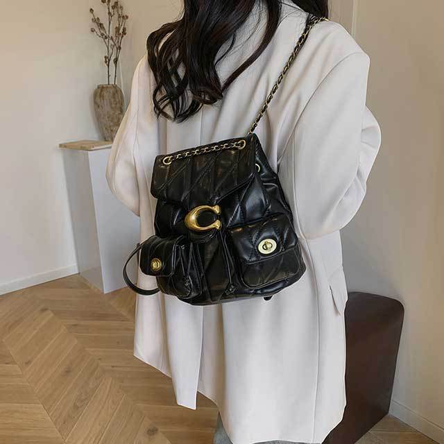 Metal Logo Leather Women Backpack