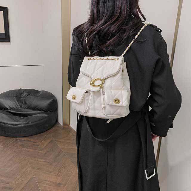 Metal Logo Leather Women Backpack