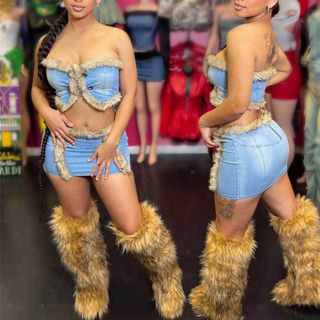 Plush Denim Tube Top Mini Skirt Set