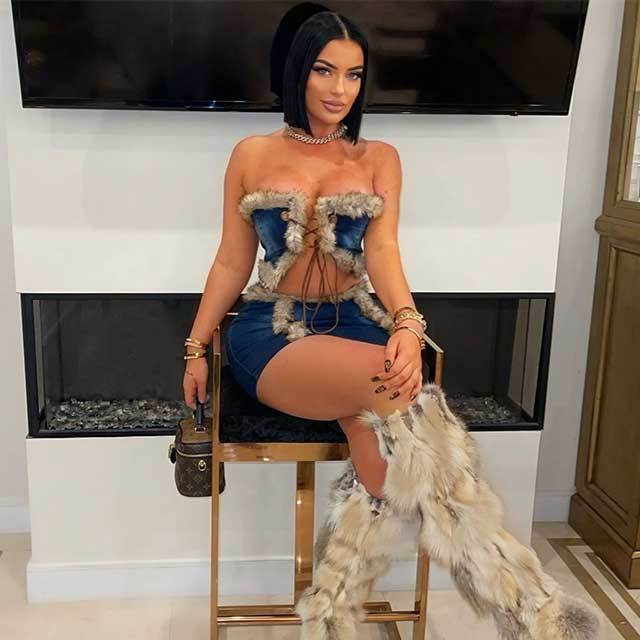Plush Denim Tube Top Mini Skirt Set