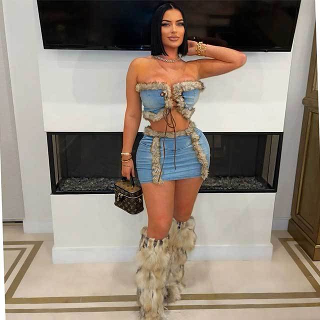 Plush Denim Tube Top Mini Skirt Set