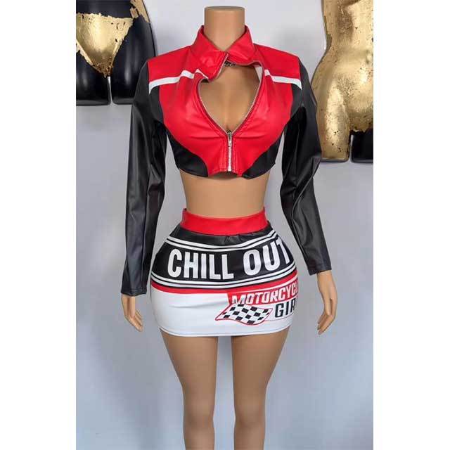 Color Block PU Leather Skirt Set