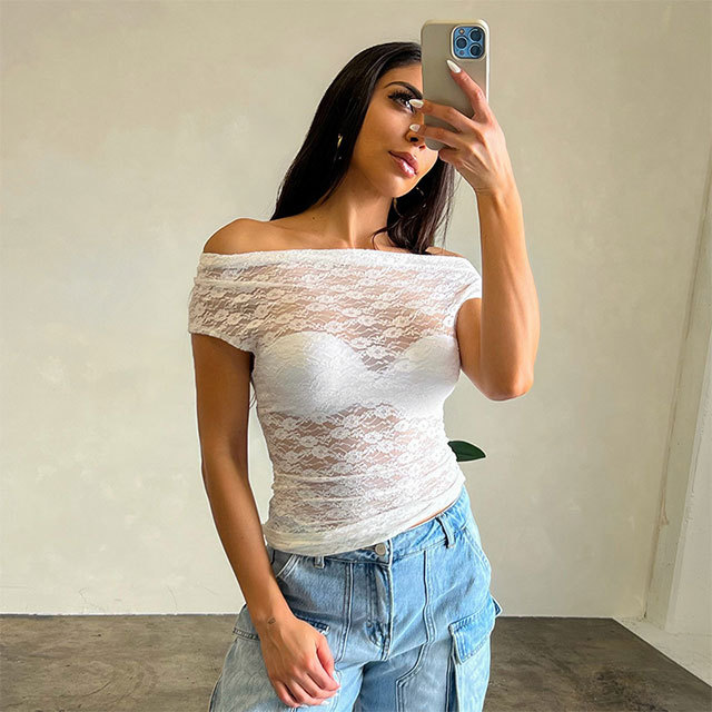 One Shoulder See Through Lace Top