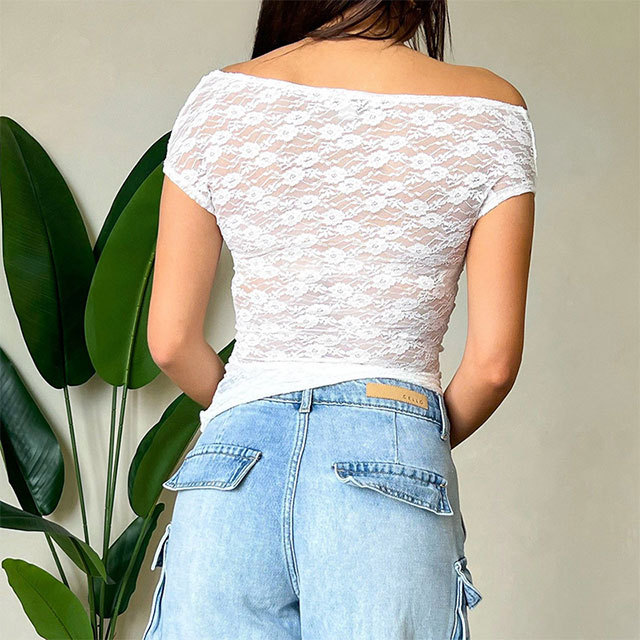 One Shoulder See Through Lace Top