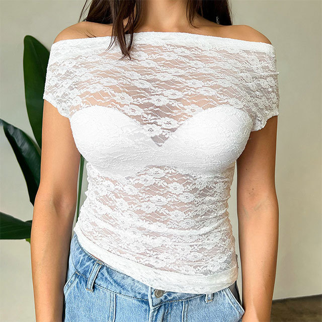 One Shoulder See Through Lace Top