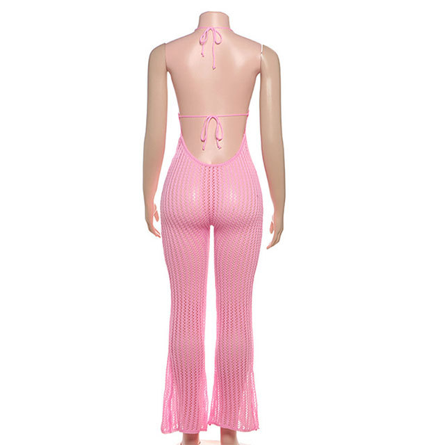 Hollow Out Backless Halter Neck Knitting Jumpsuit