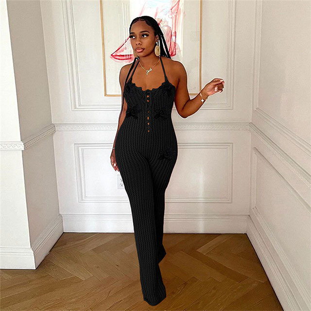Hollow Out Backless Halter Neck Knitting Jumpsuit