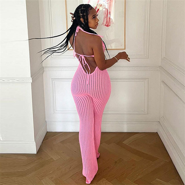 Hollow Out Backless Halter Neck Knitting Jumpsuit