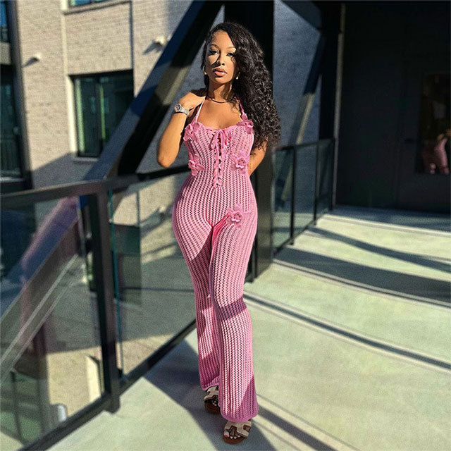 Hollow Out Backless Halter Neck Knitting Jumpsuit