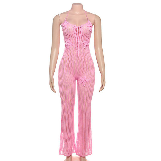 Hollow Out Backless Halter Neck Knitting Jumpsuit