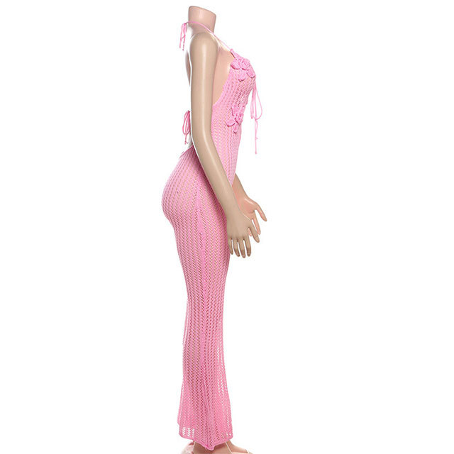 Hollow Out Backless Halter Neck Knitting Jumpsuit