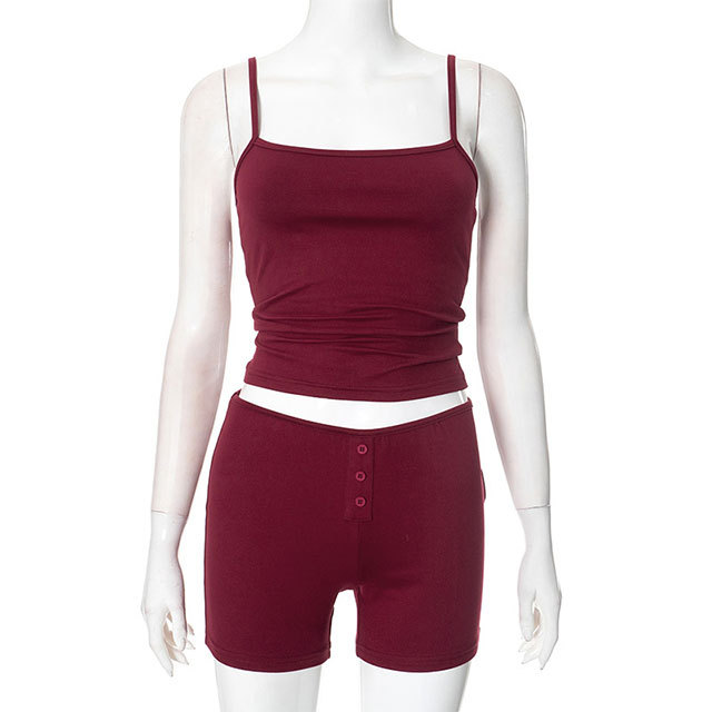 Solid Color Cami Straps Top Skinny Short Set