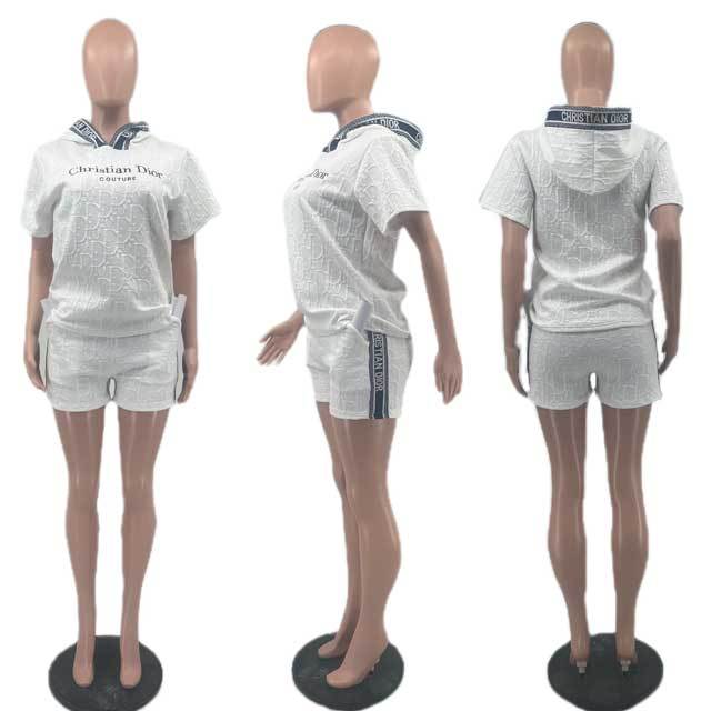 Embossing Embroidery Hooded Top Short Set