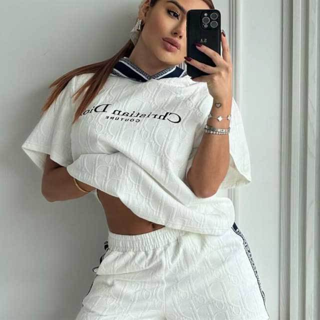 Embossing Embroidery Hooded Top Short Set
