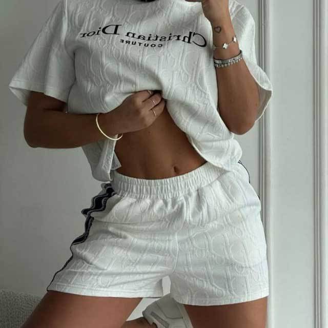 Embossing Embroidery Hooded Top Short Set