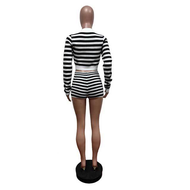 Black/White Striped Laced Up Crop Top 2 Pieces Short Set