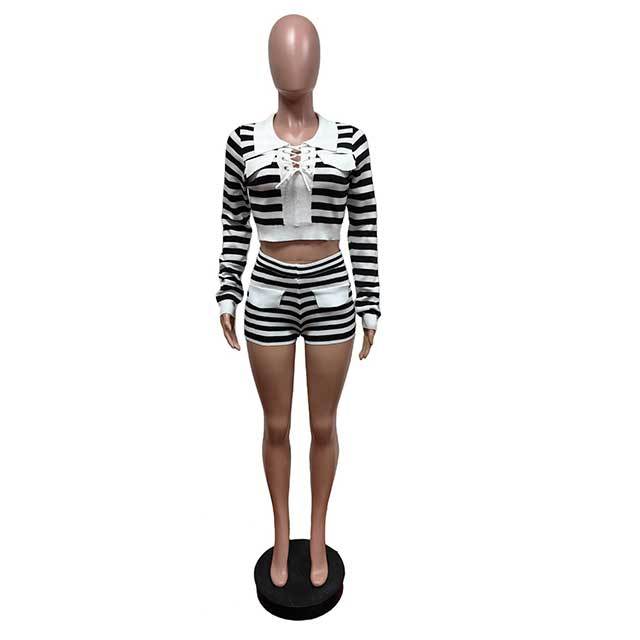 Black/White Striped Laced Up Crop Top 2 Pieces Short Set