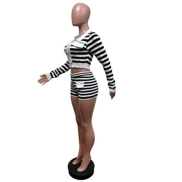 Black/White Striped Laced Up Crop Top 2 Pieces Short Set