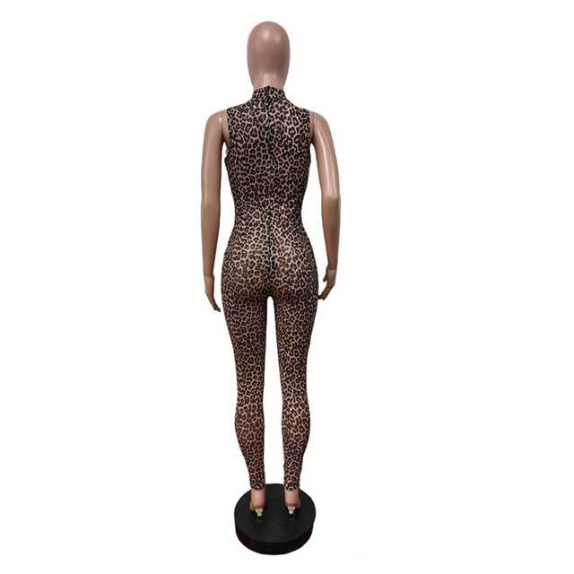 Leopard Printed Sheer Mesh Bodycon Jumpsuit