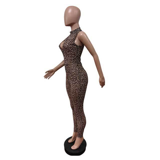 Leopard Printed Sheer Mesh Bodycon Jumpsuit