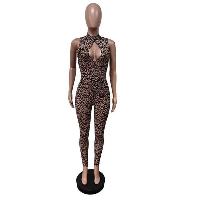Leopard Printed Sheer Mesh Bodycon Jumpsuit