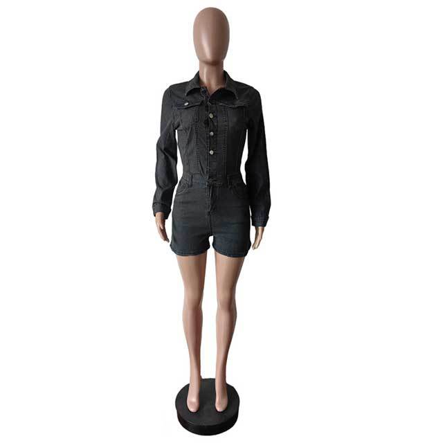 Long Sleeve Buttons Down Denim Romper
