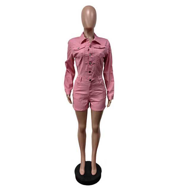 Long Sleeve Buttons Down Denim Romper