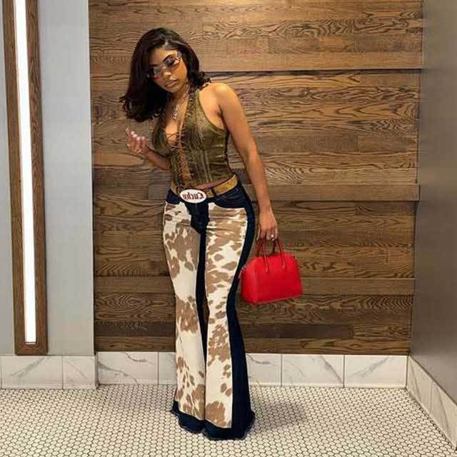 Printed Patchwork Denim Bell Jeans