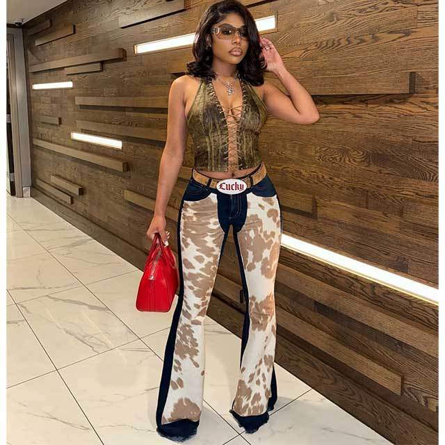 Printed Patchwork Denim Bell Jeans
