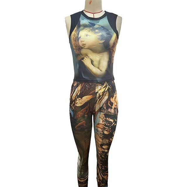 Retro Oil Painting Style Two Pieces Pant Set