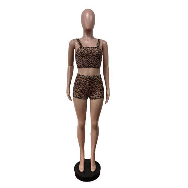 Sheer Mesh Leopard Printed Tank Top Slim Short Set
